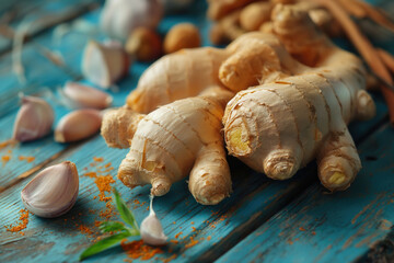 Canvas Print - Ginger and garlic over rustic background