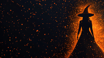 Mystical Halloween Witch Silhouette with Sparkling Background