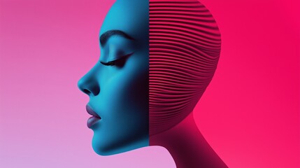 Wall Mural - a woman's face is shown in two different colors, blue and red. the image has a futuristic and artist