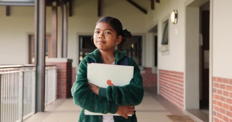 Poster - Face, kid and student walking to class at school for education, learning or thinking of knowledge. Portrait, girl and child at elementary with folder for studying or dream of scholarship in Indonesia