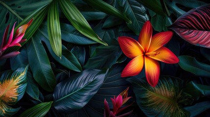 Canvas Print - Vibrant blossom against dark tropical leaves background