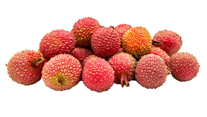 A bunch of fresh lychees with their rough red skin, Isolated on transparent background