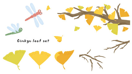 Wall Mural - Cute hand drawn illustration set of ginkgo leaves, dragonflies and leaves falling in the wind / イチョウの葉、トンボ、風に吹かれて落ちる葉のかわいい手描きイラストセット