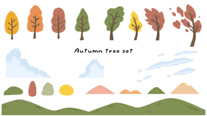 Wall Mural - Cute hand drawn illustration set of autumn trees, mountains, clouds, landscapes, autumn elements / 秋の木、山、雲、風景、秋の素材のかわいい手描きイラストセット