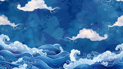 Wall Mural - Blue Backdrop with Cheerful Wave and Cloud Illustration