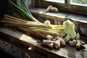 Wall Mural - Lemongrass and ginger on rustic background