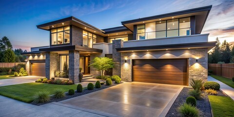 luxurious modern home exterior with elegant landscaping and beautiful twilight lighting, luxury, hom