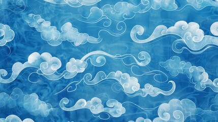 Sticker - A blue background with whimsical wave and cloud illustration