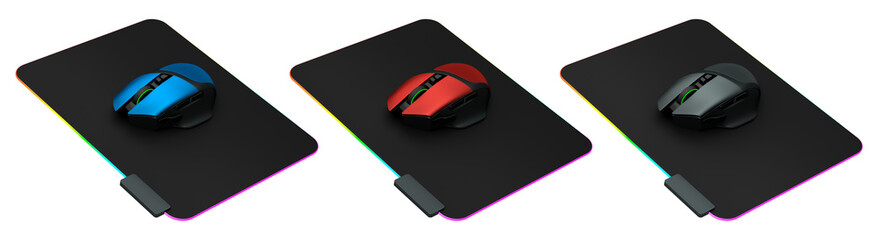 Fototapete - Set of wireless gaming computer mouse on pad isolated on white background with clipping path. 3d render of live streaming gear for cloud gaming and gamer workspace concept