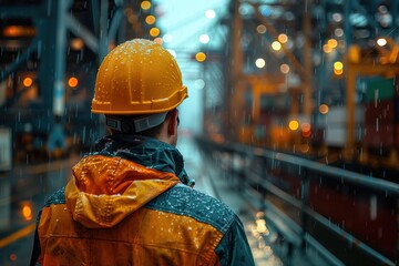 Back view of an engineer wearing a yellow hard hat and raincoat, supervising port activities during a rainy day, highlighting the challenges of industrial logistics.