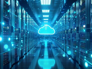 Aufkleber - This image showcases a high-tech data center, filled with servers, neon lights, and a central cloud icon representing cloud computing.
