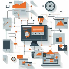 Fototapete - A detailed technology diagram depicting multiple interconnected components and devices, illustrating complex data and communication systems.