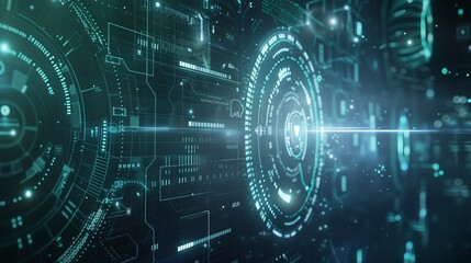 Poster - Futuristic digital interface showcasing detailed technological elements and intricate circular data displays, predominantly in green tones, conveying innovation.