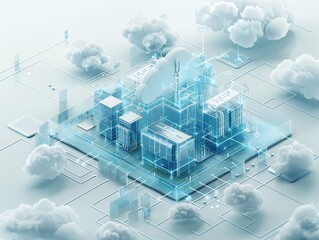 Poster - A sleek digital illustration depicting cloud infrastructure, servers, and interconnected data lines in soft blue tones, showcasing modern technology.