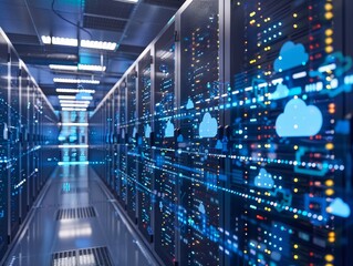 Poster - This image shows a state-of-the-art data center featuring servers and visual representations of cloud computing, showcasing advanced digital infrastructure.