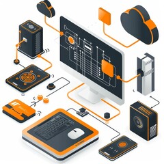 Poster - This digital artwork illustrates a high-tech network with a central computer monitor, cloud storage, and various interconnected devices, all highlighted in orange tones.