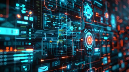 Aufkleber - A high-tech image of a futuristic digital interface featuring interconnected elements, glowing lights, and detailed data patterns, representing technological innovation.