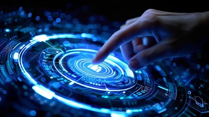 Poster - This image captures a futuristic digital interface being interacted with by a hand, representing cutting-edge technology, innovation, and advancement.