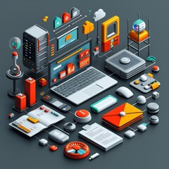 an isometric illustration of a technology workspace featuring a computer, various gadgets, and digit
