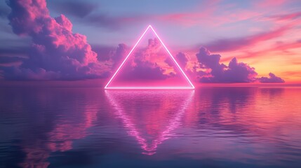 Abstract minimal background, pink blue neon triangular frame. Clouds inside the triangle. AI generation