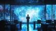 © anantachai - A businessman stands in a high-tech office, analyzing complex data visualizations on a large digital wall, representing technology, innovation, and strategic decision-making.