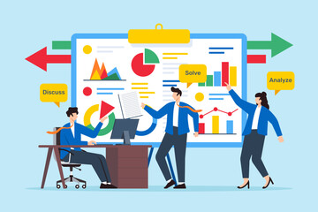 Poster - Flat illustration of team members working together to analyze problems and find solutions on whiteboard