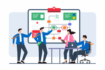 Poster - flat illustration of team members addressing issues with strategic problem-solving on whiteboard