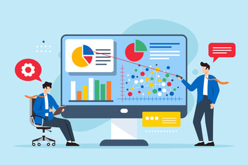Poster - Flat illustration of two men analyzing graphs to develop problem-solving strategies on computer screen