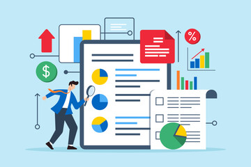 Poster - Flat illustration of businessman using magnifying glass to inspect document financial data