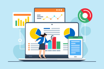 Poster - Flat illustration of woman examining information using magnifying glass on large laptop screen to find solution