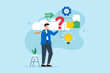 Poster - Flat illustration of businessman evaluating question mark symbol for potential solutions