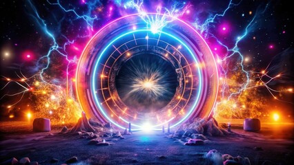 a glowing circular portal in a cosmic landscape