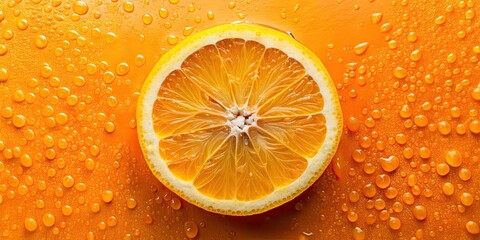 Wall Mural - Top view of a fresh orange with water droplets and juicy slices, citrus, refreshing, vitamin C, healthy, fruit, hydration, summer