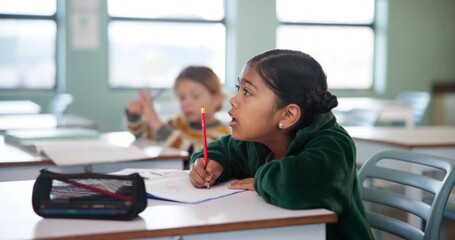Aufkleber - Girl, writing and classroom for education at school with learning, knowledge and information of exam assignment. Student, drawing and paper for lesson, assessment and creative activity of development