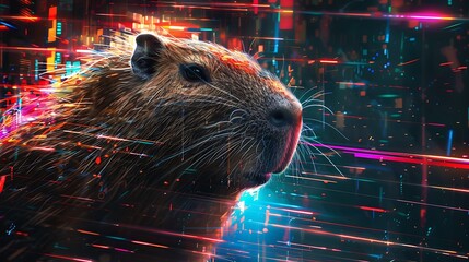 A Capybara with an abstract urban background, colorful cityscape and dynamic elements, creating a modern and lively scene, hd quality, natural look. --ar 16:9 --v 6.0 --s 250 --style raw