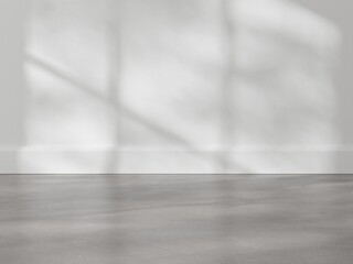 Poster - Modern interior room with empty white wall and concrete floor background. Interior of living minimal, cozy and homey style for products presentation or text for advertising.