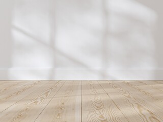 Poster - Modern interior room with empty white wall and wooden floor background. Interior of living minimal, cozy and homey style for products presentation or text for advertising.