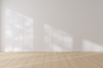 Poster - Modern interior room with empty white wall and wooden floor background. Interior of living minimal, cozy and homey style for products presentation or text for advertising.