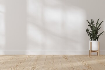 Poster - Modern interior room with empty white wall and wooden floor background. Interior of living minimal, cozy and homey style for products presentation or text for advertising.