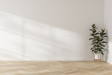 Poster - Modern interior room with empty white wall and wooden floor background. Interior of living minimal, cozy and homey style for products presentation or text for advertising.