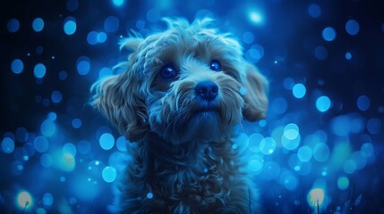 Poster - A Cockapoo with an abstract bioluminescent background, glowing patterns and deep blues, creating a magical and captivating scene, hd quality, natural look. --ar 16:9 --v 6.0 --s 250 --style raw