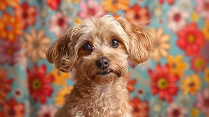 A Cockapoo with an abstract floral background, blooming flowers in bright reds and yellows, creating a cheerful and whimsical ambiance, hd quality, natural look. --ar 16:9 --v 6.0 --s 250 --style raw