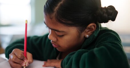 Fototapete - Student, writing and classroom for education at school with learning, knowledge and information of exam assignment. Girl, drawing and paper for lesson, assessment and creative activity of development