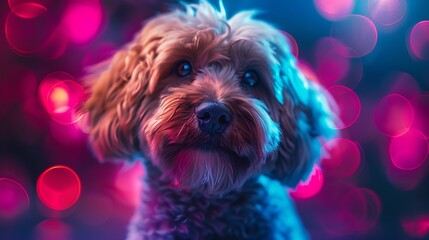 Poster - A Cockapoo with an abstract neon background, vibrant lights and glowing patterns, creating a futuristic and energetic scene, hd quality, natural look. --ar 16:9 --v 6.0 --s 250 --style raw