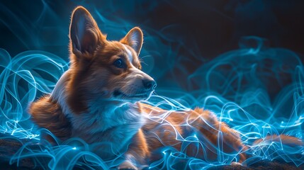 Wall Mural - A Corgi with an abstract bioluminescent background, glowing patterns and deep blues, creating a magical and captivating scene, hd quality, natural look. --ar 16:9 --v 6.0 --s 250 --style raw