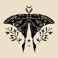 Wall Mural - mystic moth vector illustration. magic moon, occult, print, poster.