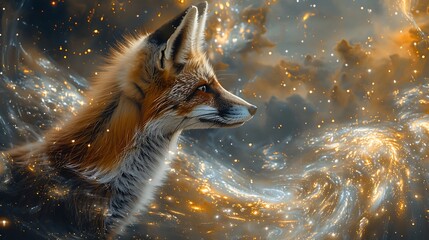 Wall Mural - A Fennec Fox with an abstract cosmic background, swirling galaxies and ethereal lights, creating a magical and otherworldly vibe, hd quality, natural look. --ar 16:9 --v 6.0 --s 250 --style raw