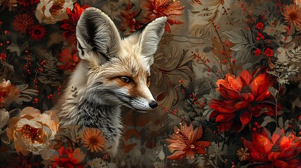 A Fennec Fox with an abstract floral background, blooming desert flowers in bright reds and oranges, creating a lively and exotic feel, hd quality, natural look. --ar 16:9 --v 6.0 --s 250 --style raw