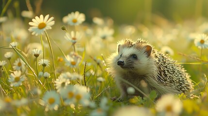 A Hedgehog in an abstract meadow background, soft greens and wildflowers, capturing the tranquility of a peaceful field, hd quality, natural look. --ar 16:9 --v 6.0 --s 250 --style raw