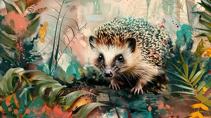 A Hedgehog with an abstract tropical background, lush greens and vibrant patterns, evoking a sense of exotic wonder, hd quality, natural look. --ar 16:9 --v 6.0 --s 250 --style raw